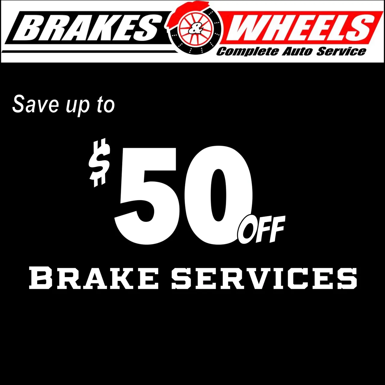 A black and white advertisement for brakes wheels.